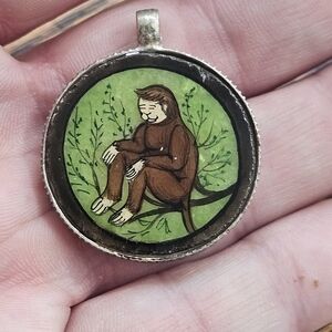 Antique Chinese Sterling Silver Painted Monkey On Horn Pendant
